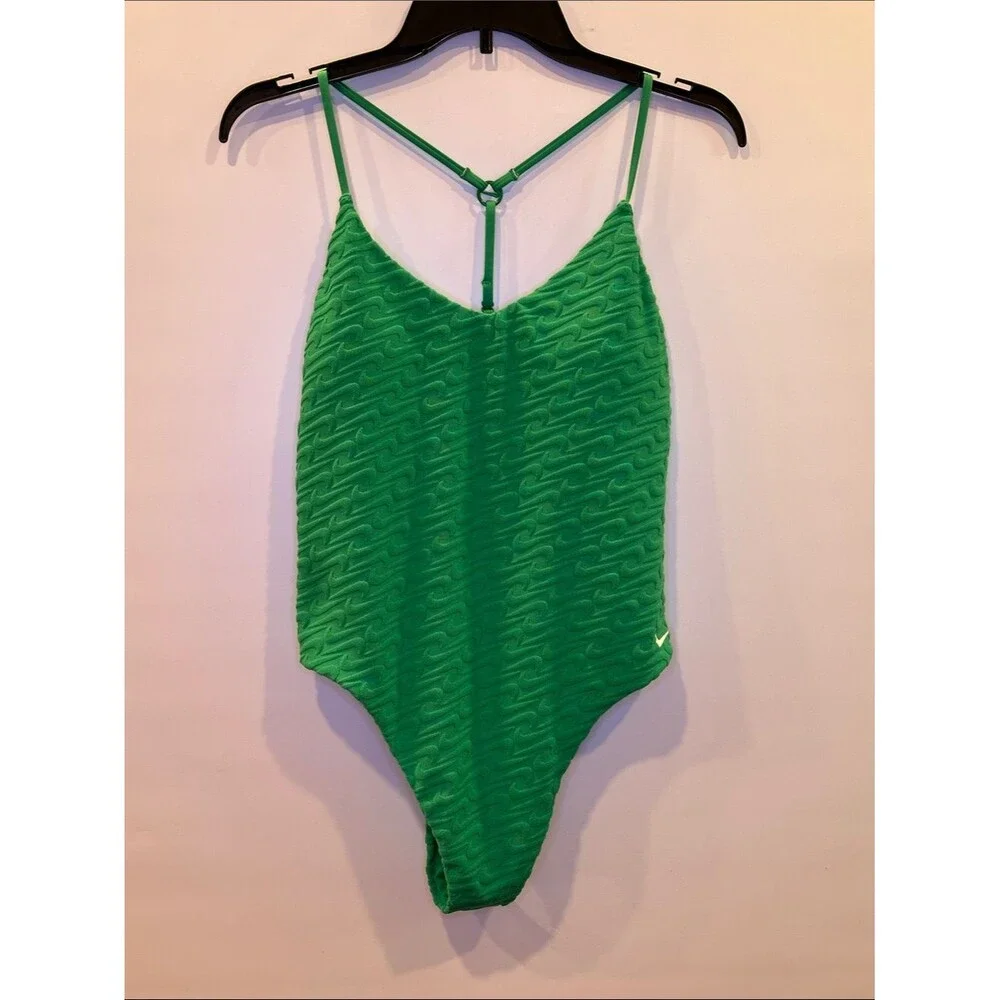 NIKE Swoosh Textured One Piece Swimsuit V Neck Y Back NEW Green Terry Large